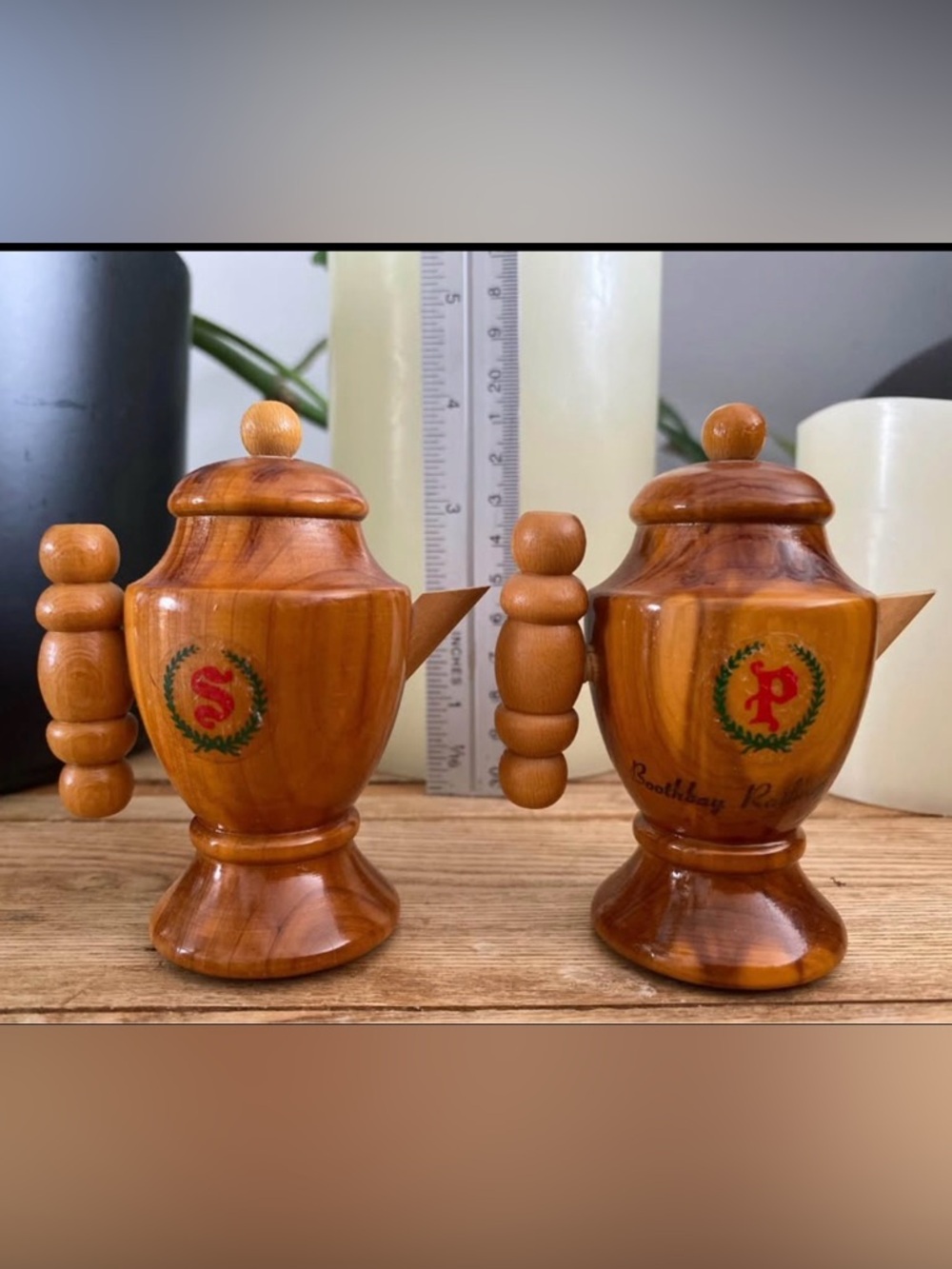 Vintage Boothbay Railway Village Wooden Teapot Salt & Pepper Shaker Set